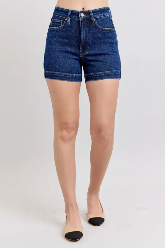 Side view of the DK Judy Blue Full Size High Waist Tummy Control Denim Shorts Plus Size, styled with polished comfort for work, travel, and everyday wear, made for women who want repeat outfit options.