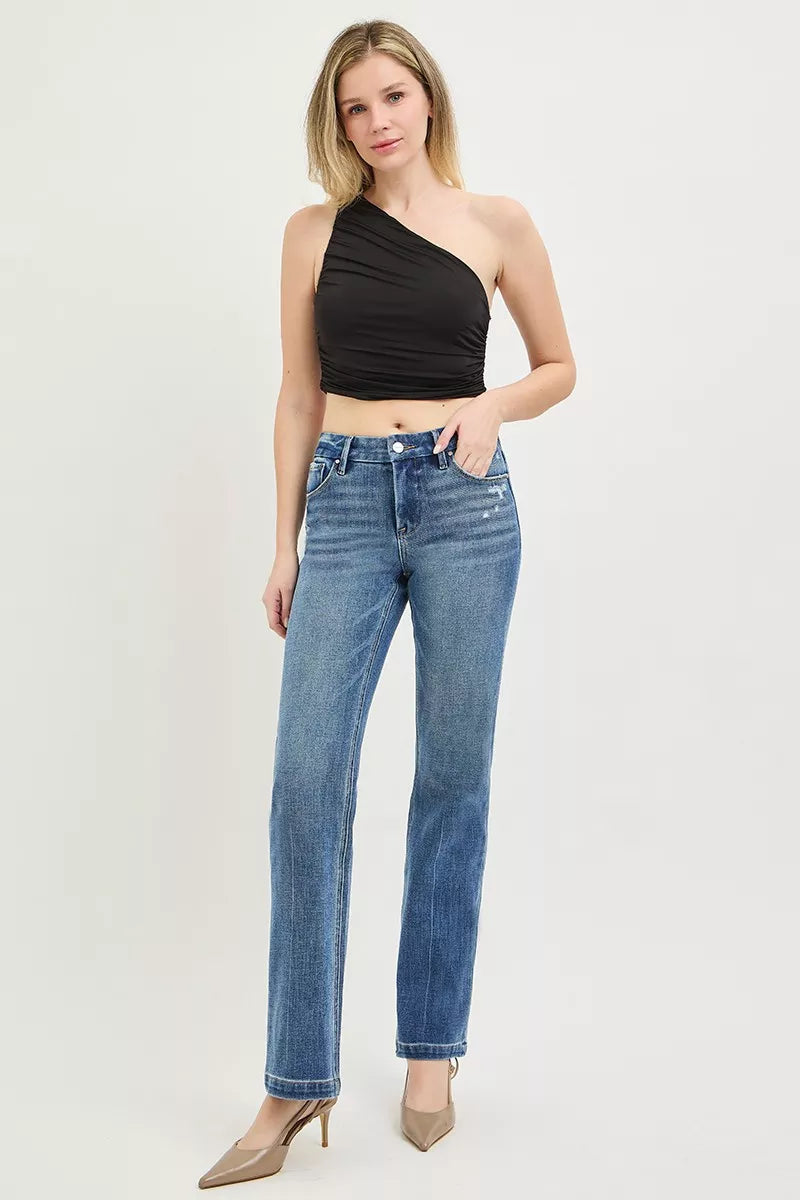 Fabric detail of the Medium RISEN Tummy Control 4way Stretch Mid Rise Straight Crease Line, styled with polished boutique styling for day-to-night outfits, made for women who want easy layering.