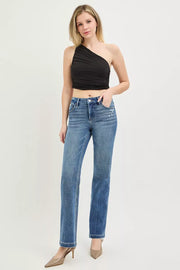 Fabric detail of the Medium RISEN Tummy Control 4way Stretch Mid Rise Straight Crease Line, styled with polished boutique styling for day-to-night outfits, made for women who want easy layering.