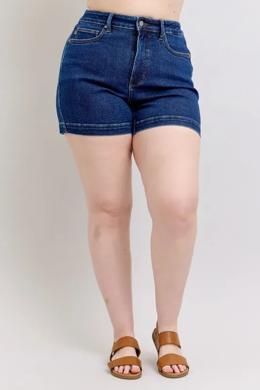 Styled outfit view of the DK Judy Blue Full Size High Waist Tummy Control Denim Shorts Plus Size, styled with polished comfort for work, travel, and everyday wear, made for women who want repeat outfit options.