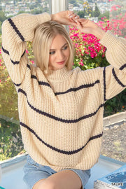 Front view of the TAUPE Zenana Oversize Striped Sweater, styled with polished boutique styling for day-to-night outfits, made for women who want easy layering.