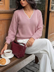 Front view of the Pink V-Neck Openwork Long Sleeve Sweater, styled with polished boutique styling for day-to-night outfits, made for women who want easy layering.