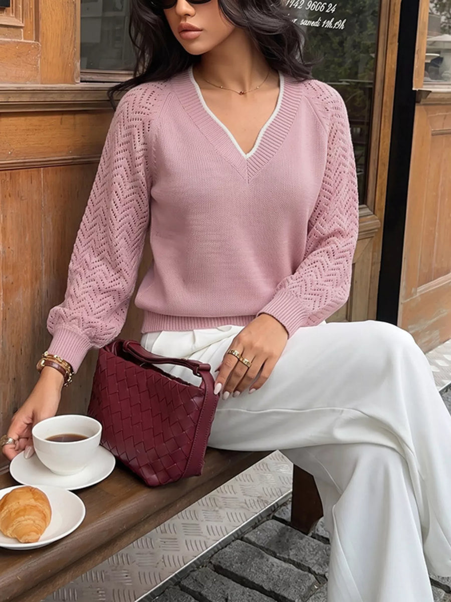 Front view of the Pink Women's Elegant V-Neck Openwork Long Sleeve Sweater for Everyday Boutique Styling, styled with polished boutique styling for day-to-night outfits, made for women who want easy layering.