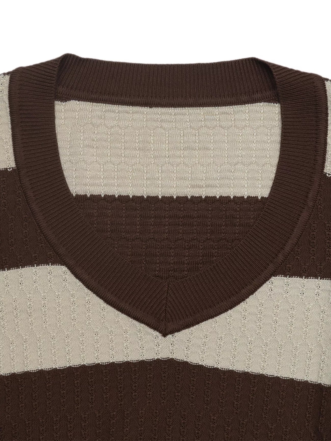 Back view of the Coffee Brown Striped V-Neck Knit Top, styled with polished boutique styling for day-to-night outfits, made for women who want easy layering.