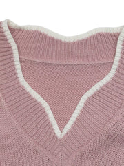 Front view of the Pink V-Neck Openwork Long Sleeve Sweater, styled with polished boutique styling for day-to-night outfits, made for women who want easy layering.