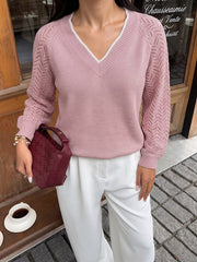 Side view of the Pink V-Neck Openwork Long Sleeve Sweater, styled with polished boutique styling for day-to-night outfits, made for women who want easy layering.