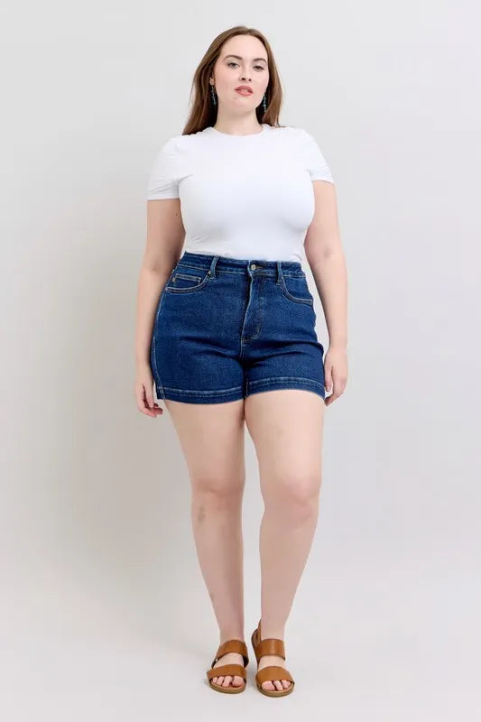 Waist detail of the DK Judy Blue Full Size High Waist Tummy Control Denim Shorts Plus Size, styled with polished comfort for work, travel, and everyday wear, made for women who want repeat outfit options.