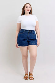 Waist detail of the DK Judy Blue Full Size High Waist Tummy Control Denim Shorts Plus Size, styled with polished comfort for work, travel, and everyday wear, made for women who want repeat outfit options.