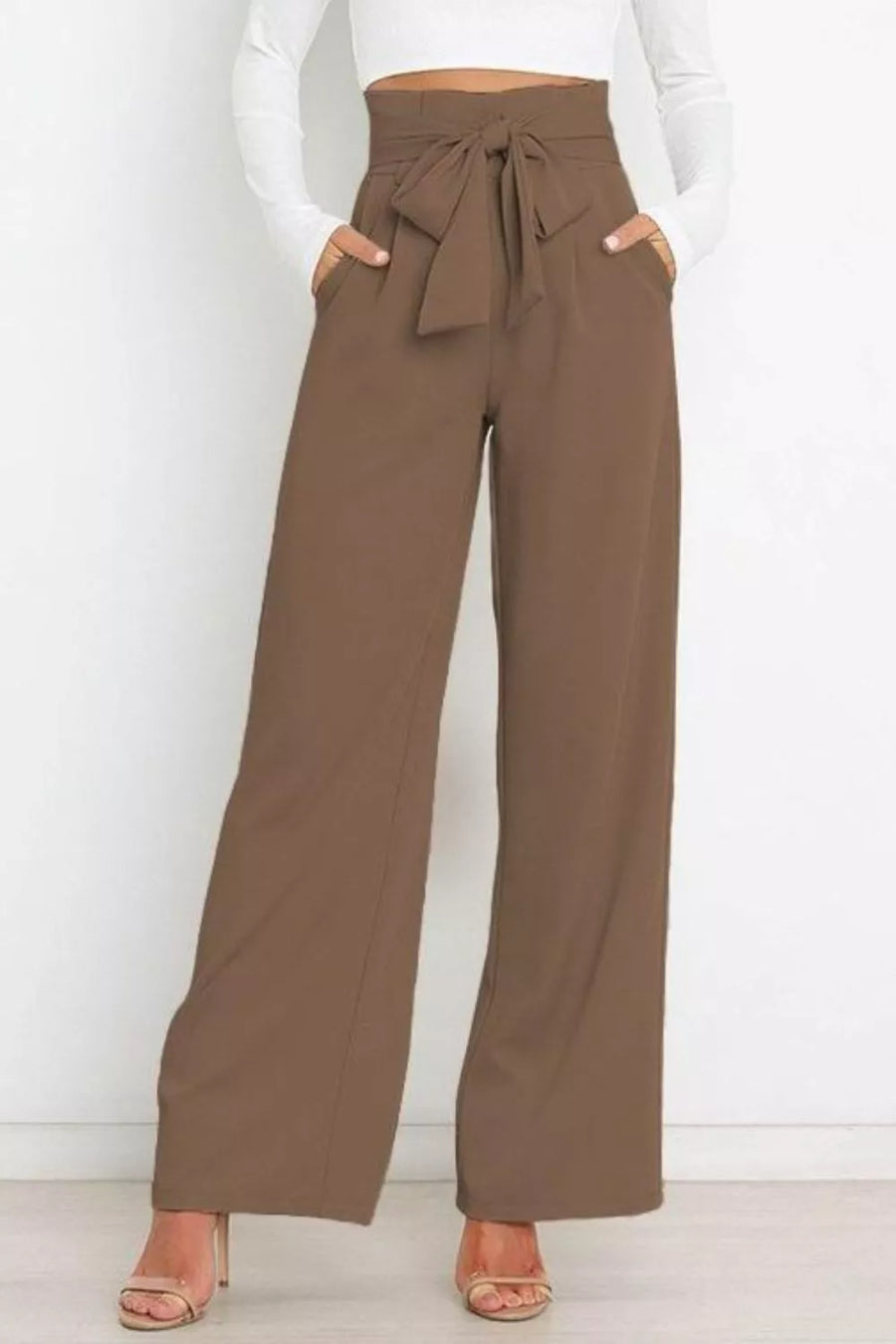 Front view of the Khaki Wide Leg High Waist Pants, styled with polished comfort for work, travel, and everyday wear, made for women who want repeat outfit options.