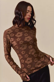 Neckline detail of the BROWN Women's Elegant SO ME Stretched Jacquard Casual Tops with Thumb Opening for Everyday Boutique Styling, styled with polished boutique styling for day-to-night outfits, made for women who want easy layering.