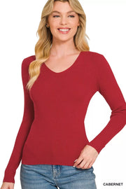 Front view of the CABERNET Zenana Viscose Fitted V-Neck Sweater, styled with polished boutique styling for day-to-night outfits, made for women who want easy layering.