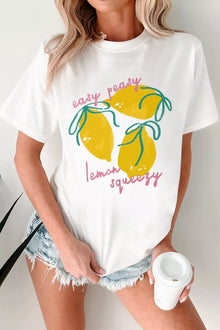 Bundle outfit view of the White Women's Elegant Easy Peasy Lemon Squeezy Graphic T-Shirt for Layering & Everyday Outfits, styled with polished boutique styling for day-to-night outfits, made for women who want easy layering.