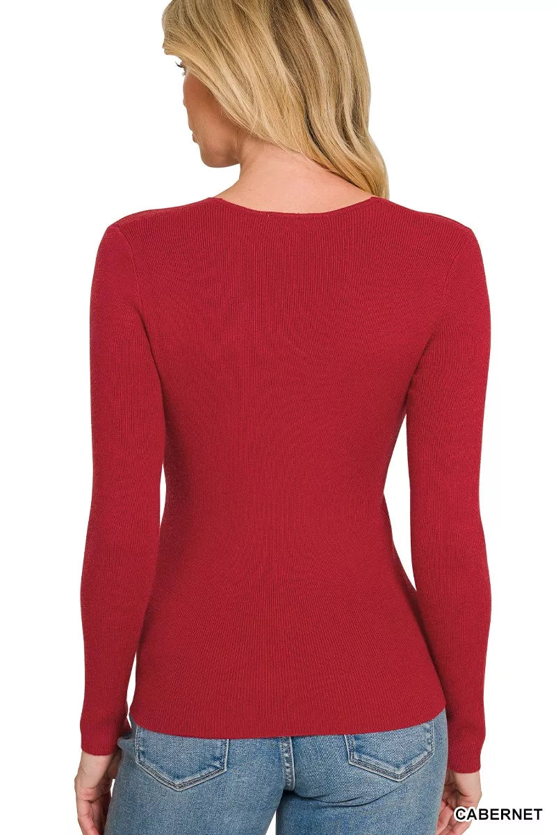 Back view of the CABERNET Zenana Viscose Fitted V-Neck Sweater, styled with polished boutique styling for day-to-night outfits, made for women who want easy layering.