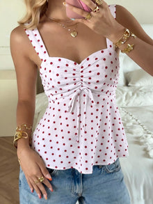Bundle outfit view of the White Women's Elegant Polka Dot Ruched Cami Top for Layering & Everyday Outfits, styled with polished boutique styling for day-to-night outfits, made for women who want easy layering.
