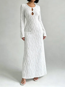 Bundle outfit view of the White Women's Elegant Textured Cut Out Long Sleeve Maxi Dress for Wedding Guest & Evening Wear, styled with feminine boutique styling for dinners, travel, and events, made for women who want elegant styling.