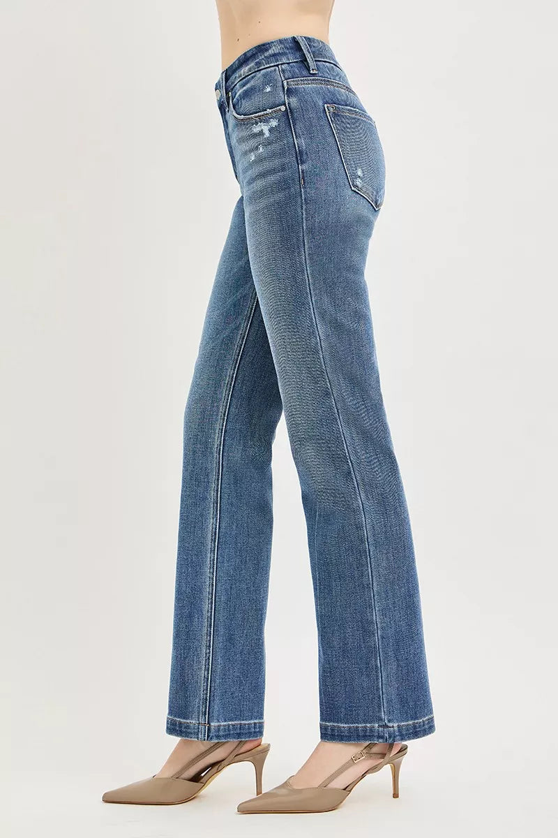 Neckline detail of the Medium RISEN Tummy Control 4way Stretch Mid Rise Straight Crease Line, styled with polished boutique styling for day-to-night outfits, made for women who want easy layering.