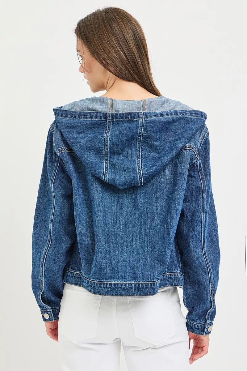 Back view of the MEDIUM RISEN Basic Denim Jacket with Hoodie, styled with polished boutique styling for day-to-night outfits, made for women who want easy layering.