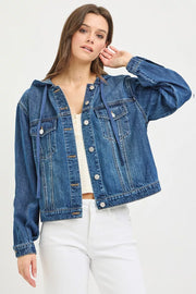 Side view of the MEDIUM RISEN Basic Denim Jacket with Hoodie, styled with polished boutique styling for day-to-night outfits, made for women who want easy layering.