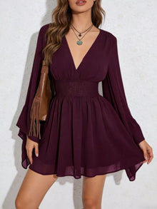 Bundle outfit view of the Burgundy Women's Elegant V Neck Flowy Long Sleeve Dress for Wedding Guest & Evening Wear, styled with feminine boutique styling for dinners, travel, and events, made for women who want elegant styling.