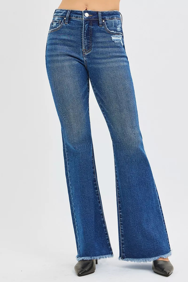 Front view of the DARK RISEN High Rise Flare Jeans, styled with polished boutique styling for day-to-night outfits, made for women who want easy layering.
