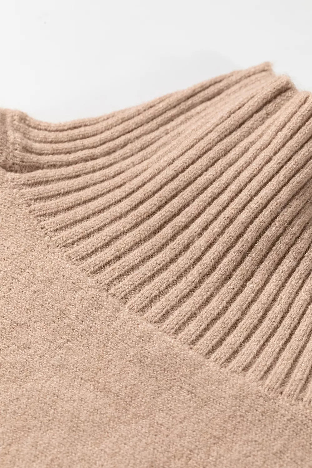 Styled outfit view of the Taupe Ribbed Trim High Neck Short Sleeve Casual Sweater, styled with polished comfort for work, travel, and everyday wear, made for women who want repeat outfit options.
