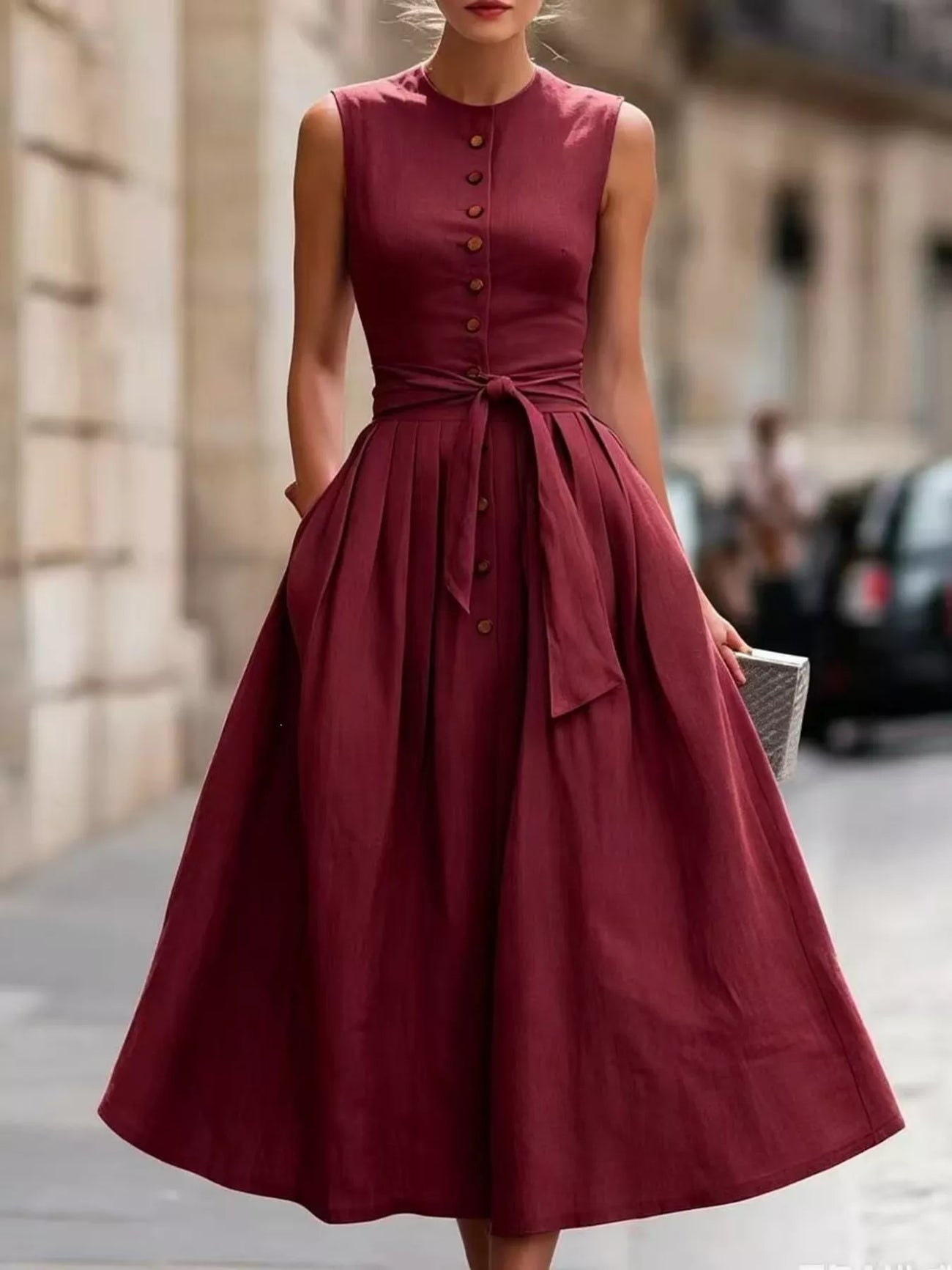 Back view of the Dark Green Full Size Sleeveless Button-Front Belted Midi Dress Plus Size, styled with feminine boutique styling for dinners, travel, and events, made for women who want elegant styling.