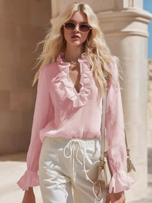 Bundle outfit view of the Pink Women's Elegant Ruffled V Neck Long Sleeve Blouse for Layering & Everyday Outfits, styled with polished boutique styling for day-to-night outfits, made for women who want easy layering.