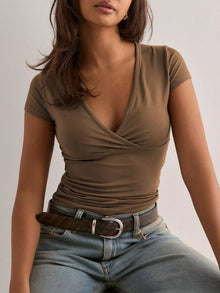 Bundle outfit view of the Dark Brown Women's Elegant Ruched Short Sleeve Fitted T T-Shirt for Layering & Everyday Outfits, styled with polished comfort for work, travel, and everyday wear, made for women who want repeat outfit options.