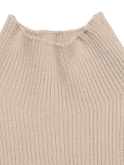 Front view of the Khaki Ribbed Mock Neck Flare Sleeve Sweater Dress, styled with feminine boutique styling for dinners, travel, and events, made for women who want elegant styling.