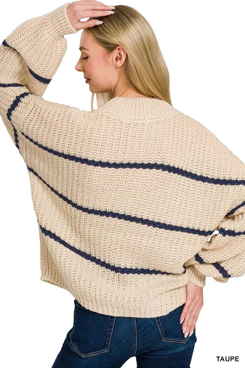 Side view of the TAUPE Zenana Oversize Striped Sweater, styled with polished boutique styling for day-to-night outfits, made for women who want easy layering.