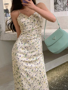 Bundle outfit view of the Beige Women's Elegant Floral Midi Dress for Wedding Guest & Evening Wear, styled with feminine boutique styling for dinners, travel, and events, made for women who want elegant styling.