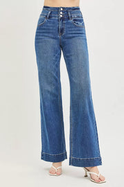 Back view of the Dark RISEN High Rise Wide Leg Wide Band Detail Jeans, styled with polished boutique styling for day-to-night outfits, made for women who want easy layering.