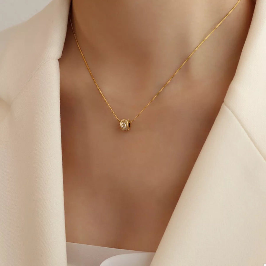 Front view of the Minimalist Gold Zircon Necklace, styled with layered jewelry for everyday styling and gifting, made for women who want refined neckline detail.