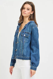 Neckline detail of the MEDIUM RISEN Basic Denim Jacket with Hoodie, styled with polished boutique styling for day-to-night outfits, made for women who want easy layering.