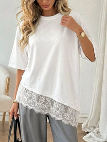 Bundle outfit view of the White Women's Elegant Lace Detail Half Sleeve T Shirt T-Shirt for Layering & Everyday Outfits, styled with polished boutique styling for day-to-night outfits, made for women who want easy layering.