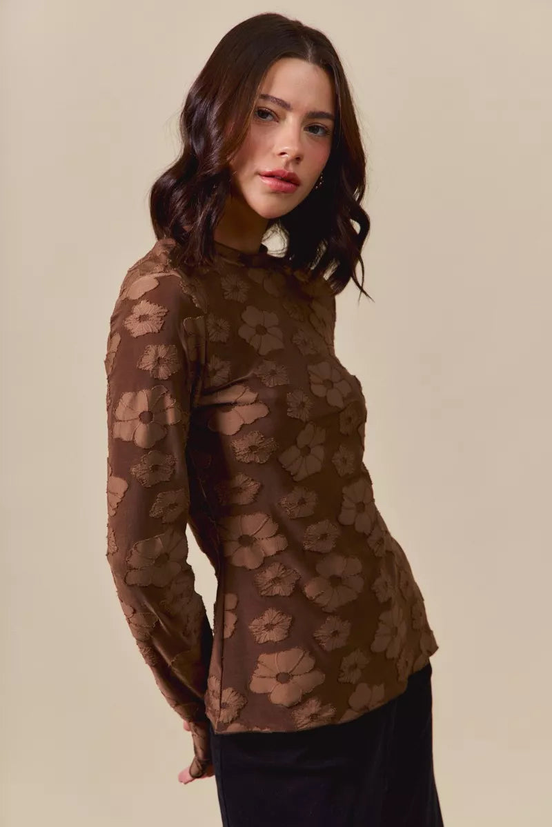 Fabric detail of the BROWN Women's Elegant SO ME Stretched Jacquard Casual Tops with Thumb Opening for Everyday Boutique Styling, styled with polished boutique styling for day-to-night outfits, made for women who want easy layering.