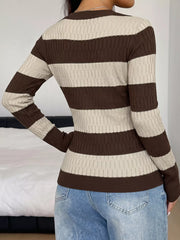 Styled outfit view of the Coffee Brown Striped V-Neck Knit Top, styled with polished boutique styling for day-to-night outfits, made for women who want easy layering.