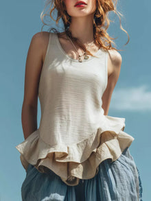 Bundle outfit view of the Off White Women's Elegant Ruffled Hem Round Neck Tank Top for Layering & Everyday Outfits, styled with polished boutique styling for day-to-night outfits, made for women who want easy layering.
