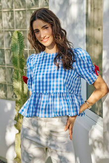 Bundle outfit view of the BLUE Women's Elegant So Me 4th July Gingham Blouse for Layering & Everyday Outfits, styled with polished boutique styling for day-to-night outfits, made for women who want easy layering.