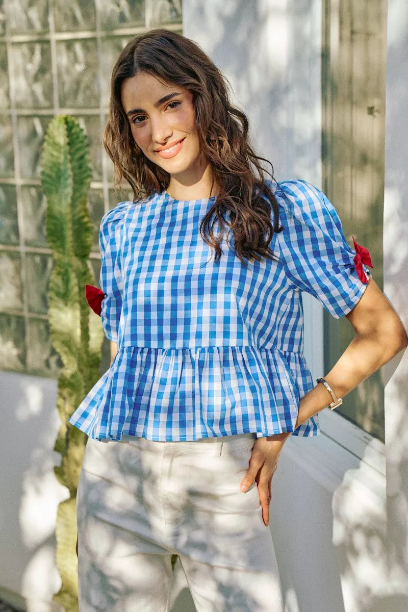 Front view of the BLUE Gingham Blouse, styled with polished boutique styling for day-to-night outfits, made for women who want easy layering.