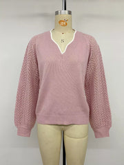 Styled outfit view of the Pink V-Neck Openwork Long Sleeve Sweater, styled with polished boutique styling for day-to-night outfits, made for women who want easy layering.