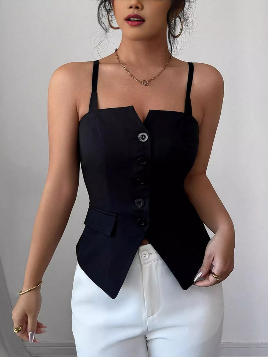 Front view of the Black Button-Front Cami Top, styled with polished boutique styling for day-to-night outfits, made for women who want easy layering.