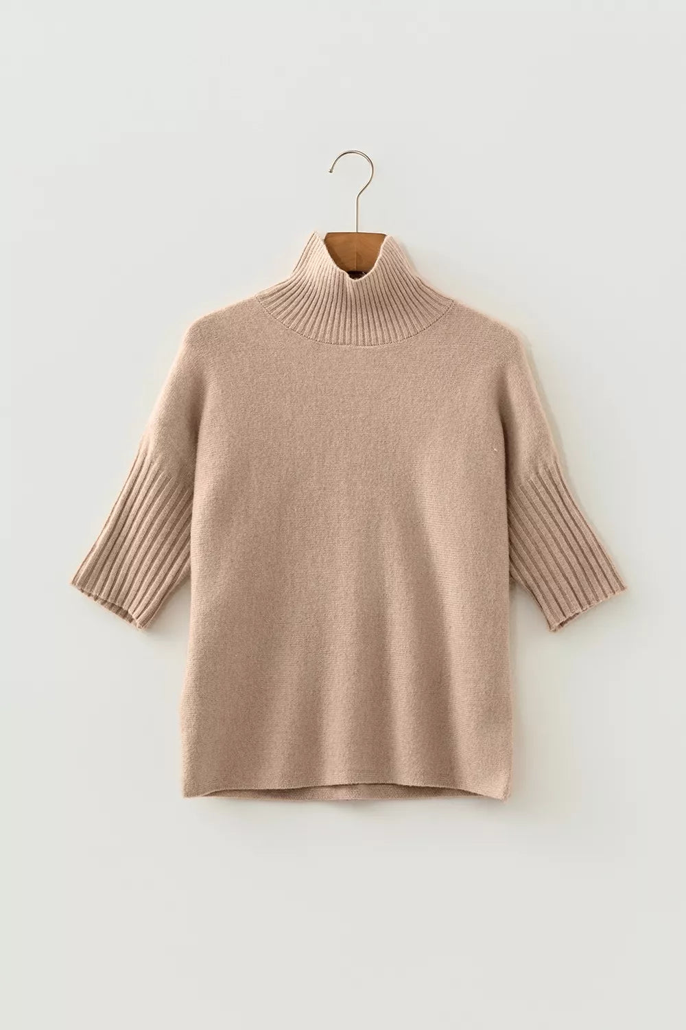 Back view of the Taupe Ribbed Trim High Neck Short Sleeve Casual Sweater, styled with polished comfort for work, travel, and everyday wear, made for women who want repeat outfit options.