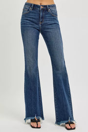 Side view of the DARK RISEN Full Size Mid Rise Flare Frayed Hem Jeans Plus Size, styled with polished boutique styling for day-to-night outfits, made for women who want easy layering.