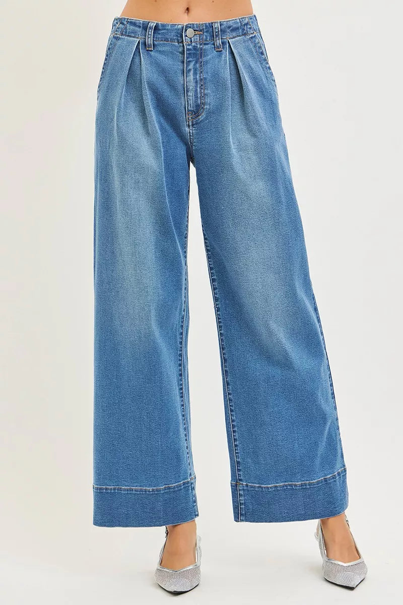Front view of the MEDIUM Women's Elegant Risen Slouchy Wide Leg Pleats Jeans for Office & Everyday Wear, styled with polished boutique styling for day-to-night outfits, made for women who want easy layering.