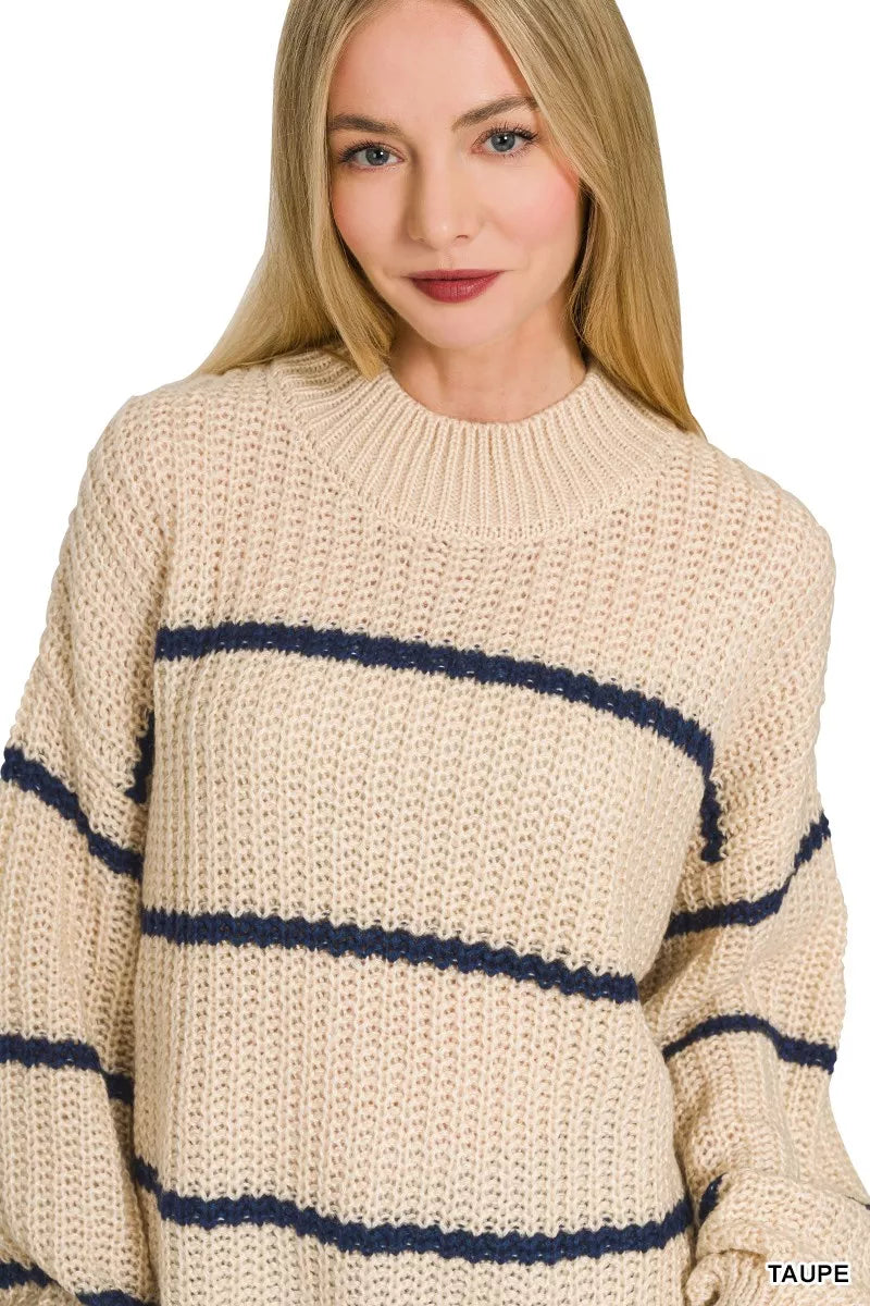 Back view of the TAUPE Zenana Oversize Striped Sweater, styled with polished boutique styling for day-to-night outfits, made for women who want easy layering.