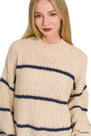 Back view of the TAUPE Zenana Oversize Striped Sweater, styled with polished boutique styling for day-to-night outfits, made for women who want easy layering.