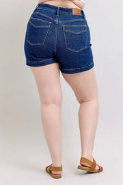 Fabric detail of the DK Judy Blue Full Size High Waist Tummy Control Denim Shorts Plus Size, styled with polished comfort for work, travel, and everyday wear, made for women who want repeat outfit options.