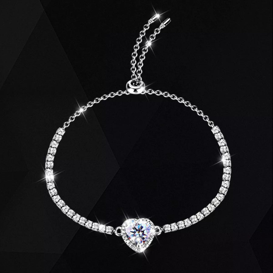 Front view of the Silver Heart Moissanite Chain Bracelet, styled with soft-shine jewelry for daily outfits and gifting, made for women who want stackable jewelry.