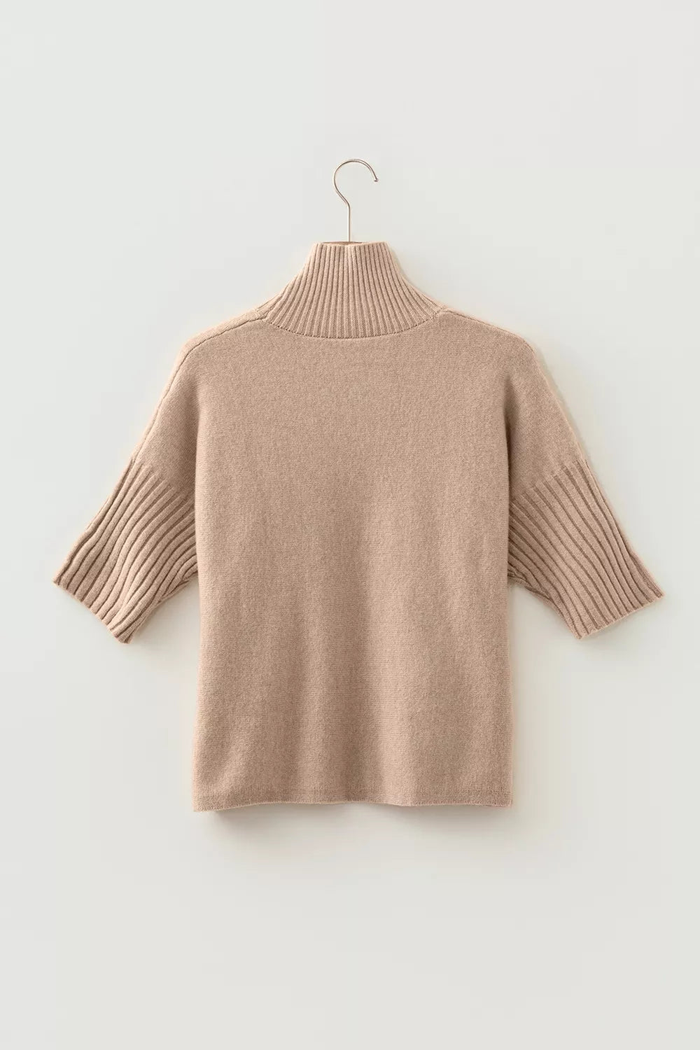 Waist detail of the Taupe Ribbed Trim High Neck Short Sleeve Casual Sweater, styled with polished comfort for work, travel, and everyday wear, made for women who want repeat outfit options.